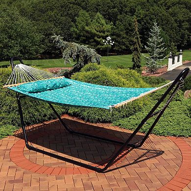 Sunnydaze Large Quilted Hammock with Spreader Bar and Pillow - Blue Tropics