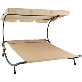 Sunnydaze Modern Fabric Double Chaise Lounge Bed with Canopy - Beige
