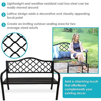 Sunnydaze 2-Person Lattice Cast Iron Outdoor Garden Bench - Black