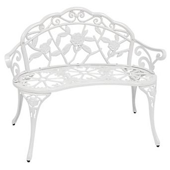 Sunnydaze 2-Person Classic Rose Cast Aluminum Outdoor Garden Bench - White