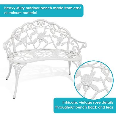 Sunnydaze 2-Person Classic Rose Cast Aluminum Outdoor Garden Bench - White