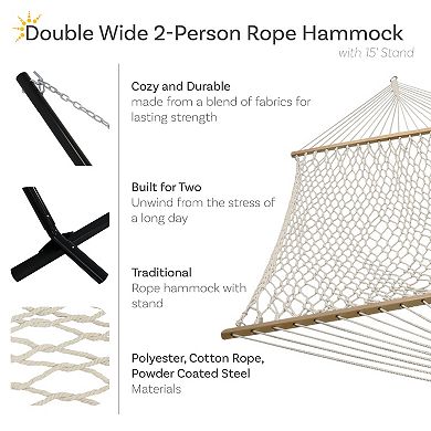 Sunnydaze 2-Person Polyester/Cotton Rope hammock with Steel Stand - Natural