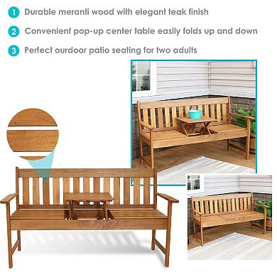 Sunnydaze 2-Person Meranti Wood Outdoor Bench with Pop-Up Table