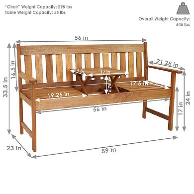 Sunnydaze 2-Person Meranti Wood Outdoor Bench with Pop-Up Table