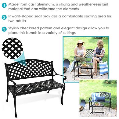 Sunnydaze 2-Person Checkered Cast Aluminum Outdoor Garden Bench - Black