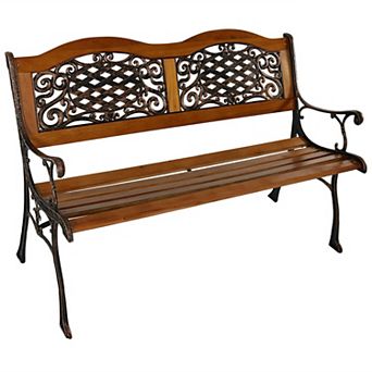 Sunnydaze 2-Person Ivy Crossweave Cast Iron and Wood Outdoor Garden Bench
