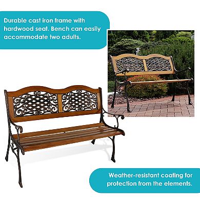 Sunnydaze 2-Person Ivy Crossweave Cast Iron and Wood Outdoor Garden Bench