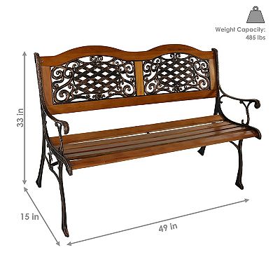Sunnydaze 2-Person Ivy Crossweave Cast Iron and Wood Outdoor Garden Bench