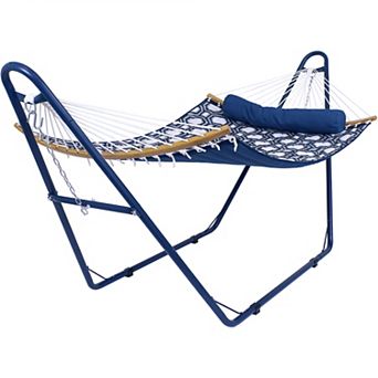 Sunnydaze 2-Person Quilted Fabric Hammock with Blue Steel Stand - Navy/Gray