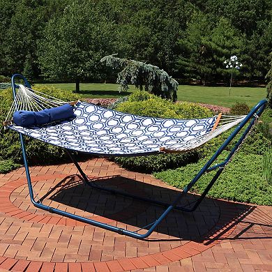 Sunnydaze 2-Person Quilted Fabric Hammock with Blue Steel Stand - Navy/Gray