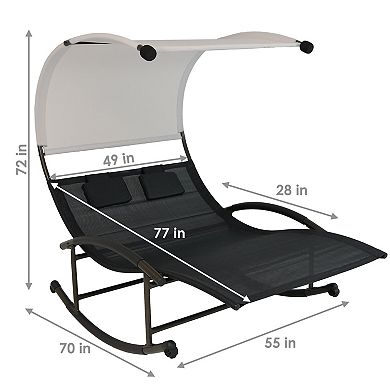 Sunnydaze Double Rocking Chaise Lounge Bed with Canopy and Pillows - Black