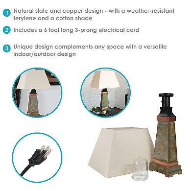 Sunnydaze 30 in Indoor/Outdoor Copper Trimmed Slate Table Lamp with Shade
