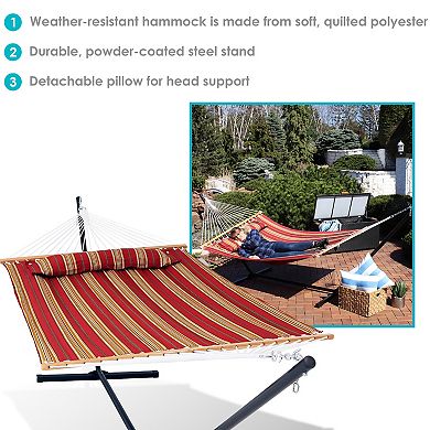 Sunnydaze 2-Person Quilted Fabric Hammock with Steel Stand and Pillow - Red