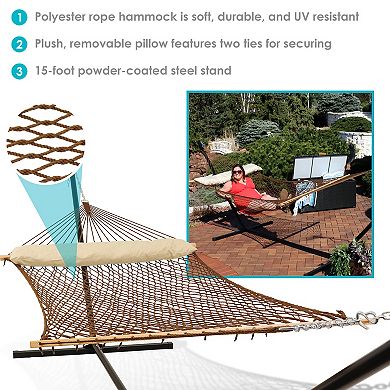 Sunnydaze 2-Person Polyester Rope Hammock with Steel Stand - Brown