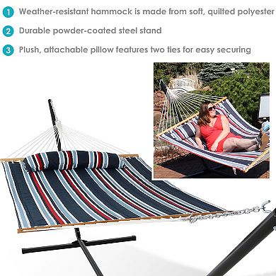 Sunnydaze Large Quilted Fabric Hammock with Steel Stand - Nautical Stripe