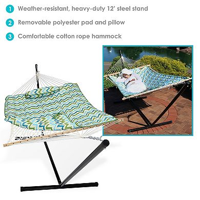 Sunnydaze Large Rope Hammock with Steel Stand and Pad/Pillow - Blue/Green