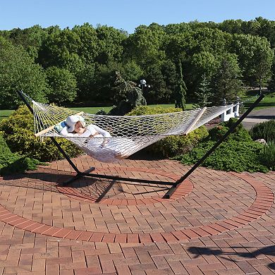 Sunnydaze Large Rope Hammock with Steel Stand and Pad/Pillow - Blue/Green