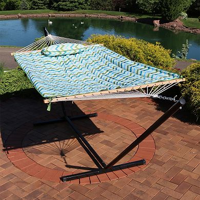 Sunnydaze Large Rope Hammock with Steel Stand and Pad/Pillow - Blue/Green