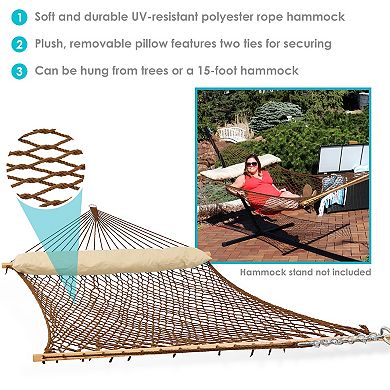 Sunnydaze 2-Person Polyester Patio Spreader Bar Rope Hammock with Pillow