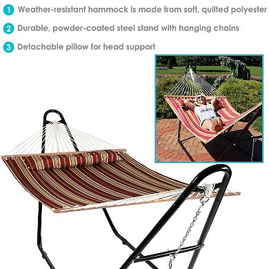 Sunnydaze 2-Person Quilted Hammock with Universal Steel Stand - Red Stripe