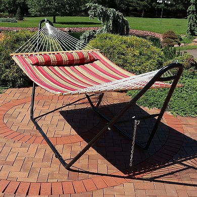 Sunnydaze 2-Person Quilted Hammock with Universal Steel Stand - Red Stripe