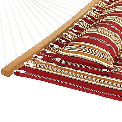Sunnydaze Large Quilted Hammock with Spreader Bar and Pillow - Red Stripe