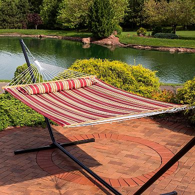 Sunnydaze Large Quilted Hammock with Spreader Bar and Pillow - Red Stripe