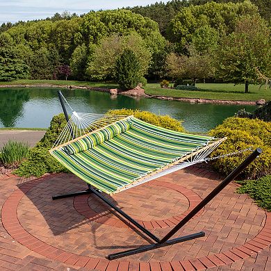 Sunnydaze 2-Person Quilted Fabric Hammock with Steel Stand - Melon Stripe
