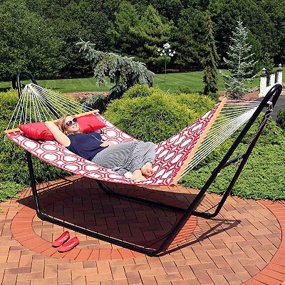 Sunnydaze Quilted Double Fabric Hammock with Spreader Bars Red and Gray Octagon