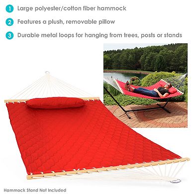 Sunnydaze Large Quilted Fabric Hammock with Spreader Bars and Pillow - Red