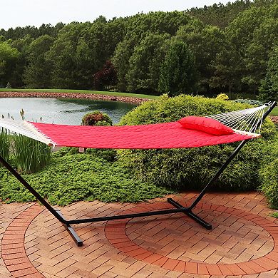 Sunnydaze Large Quilted Fabric Hammock with Spreader Bars and Pillow - Red