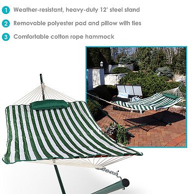 Sunnydaze Large Rope Hammock with Steel Stand and Pad/Pillow - Green Stripe