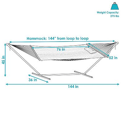 Sunnydaze Large Rope Hammock with Steel Stand and Pad/Pillow - Green Stripe