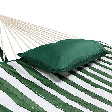 Sunnydaze Large Rope Hammock with Steel Stand and Pad/Pillow - Green Stripe
