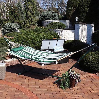 Sunnydaze Large Rope Hammock with Steel Stand and Pad/Pillow - Green Stripe
