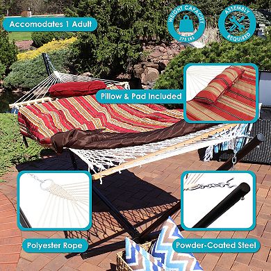 Sunnydaze Cotton Rope Hammock with Steel Stand and Pad/Pillow - Striped
