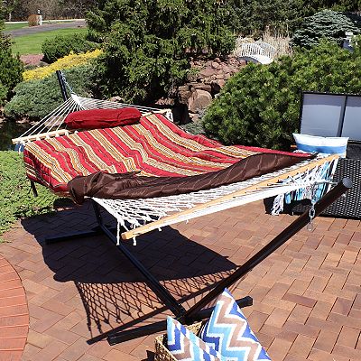 Sunnydaze Rope Hammock with Pad and Pillow Set and 12 Stand