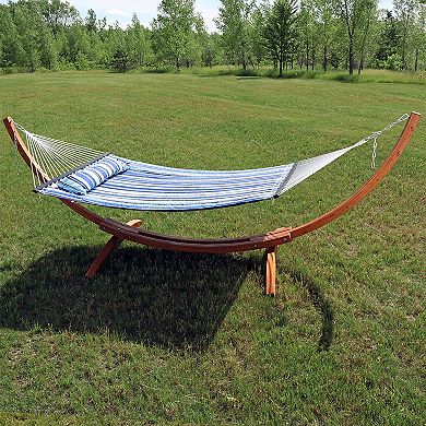 Sunnydaze Large Quilted Hammock with Curved Wooden Stand - Catalina Beach