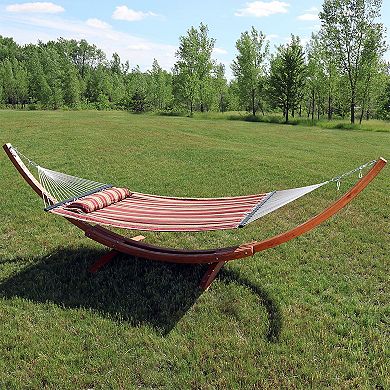 Sunnydaze 2-Person Quilted Hammock with Curved Wooden Stand - Red Stripe