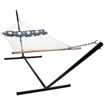 Sunnydaze Large Polyester Rope Hammock with Steel Stand and Pillow - White