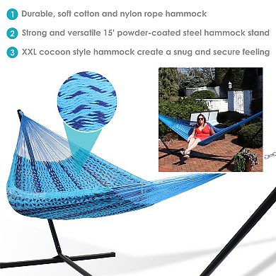Sunnydaze 2-Person Woven Cotton/Nylon Hammock with Steel Stand