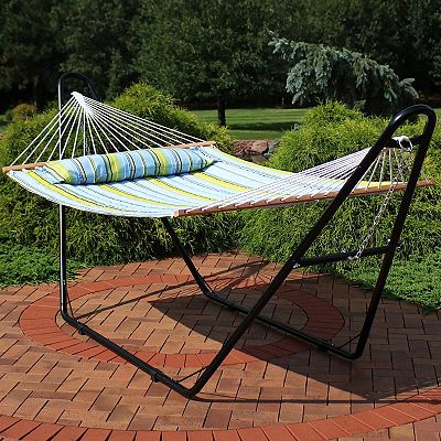 Sunnydaze Decor Blue Green Quilted Fabric 2 Person Hammock with Universal Stand