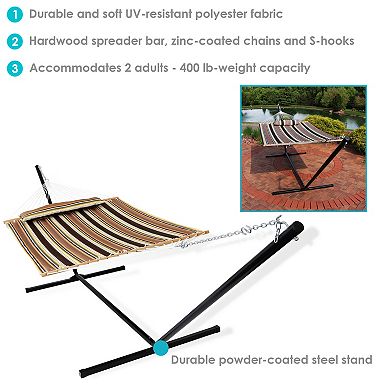 Sunnydaze 2-Person Quilted Fabric Hammock with Steel Stand - Sandy Beach