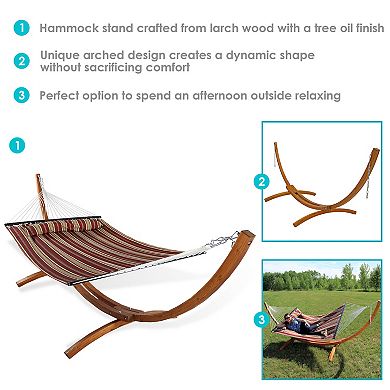 Sunnydaze 2-Person Quilted Hammock with Curved Wooden Stand - Red Stripe