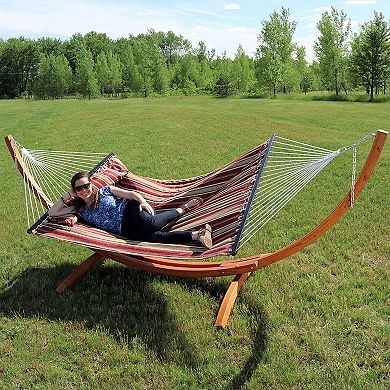 Sunnydaze 2-Person Quilted Hammock with Curved Wooden Stand - Red Stripe