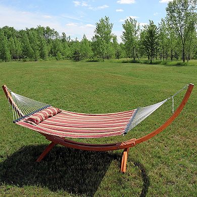 Sunnydaze 2-Person Quilted Hammock with Curved Wooden Stand - Red Stripe