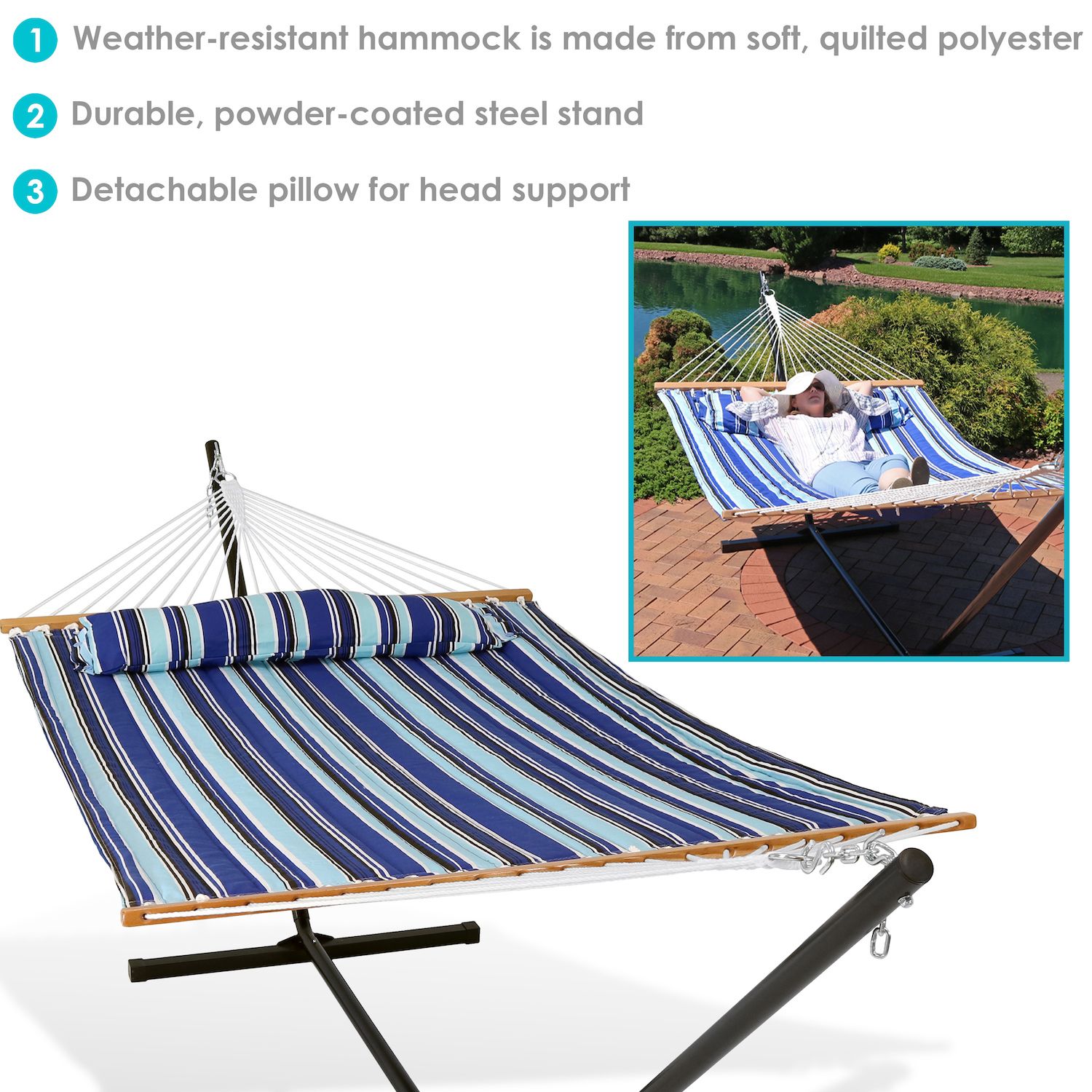Sunnydaze 2-Person Quilted Fabric Hammock with Steel Stand
