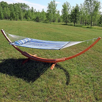 Sunnydaze Large Quilted Hammock with Curved Wooden Stand - Catalina Beach