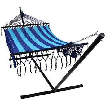 Sunnydaze 2-Person Cotton/Nylon Hammock with Steel Stand and Fringe