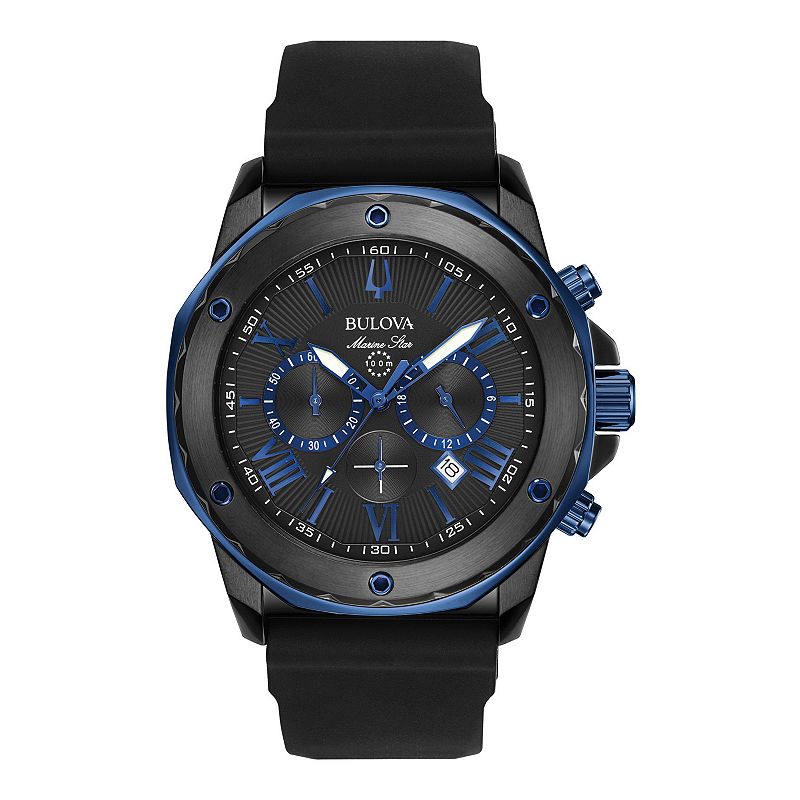 Bulova Men's Marine Star Black Strap Chronograph Watch - 98B308, Size: 9"